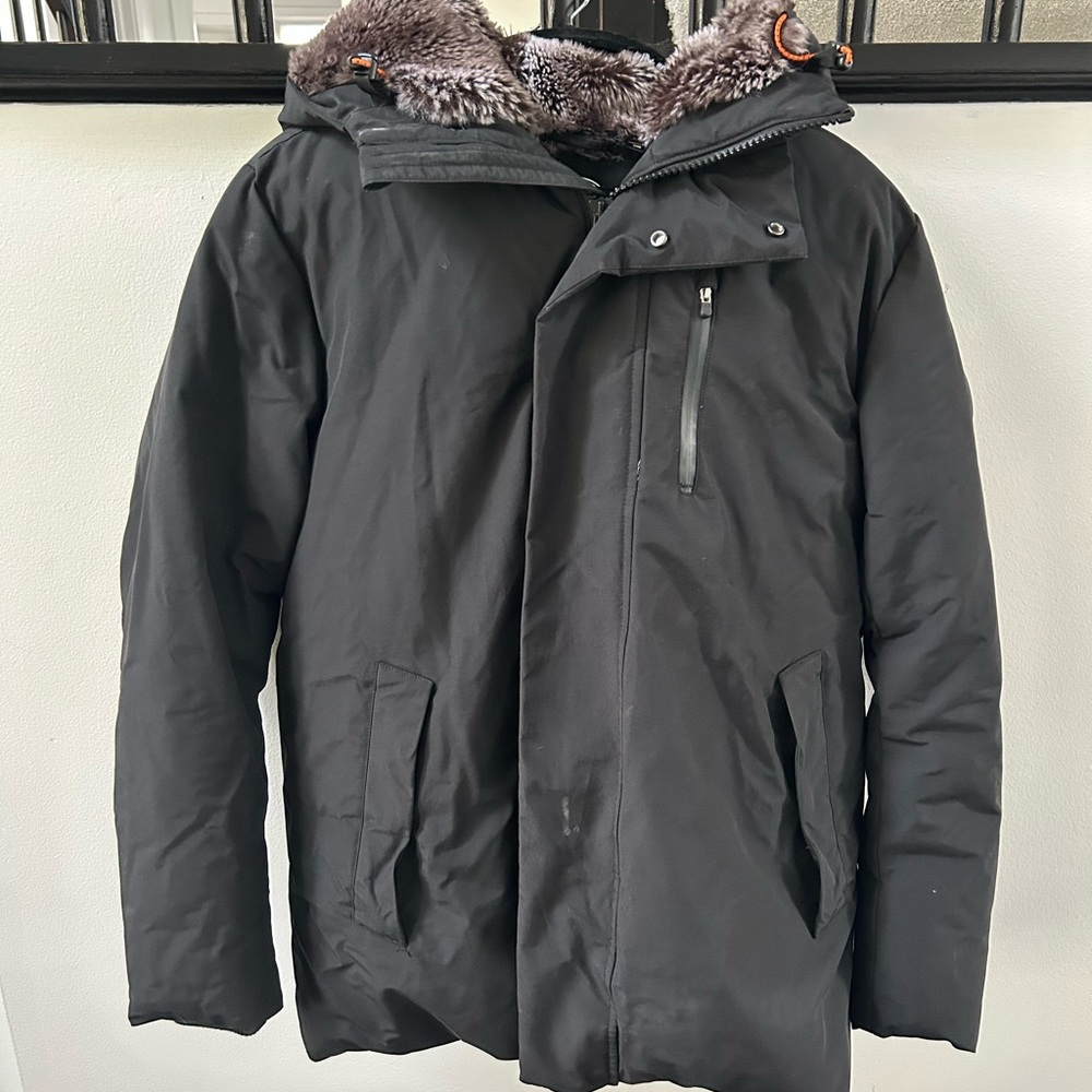 SAVE THE DUCK Dark Puffer Jacket with Faux Fur Hood